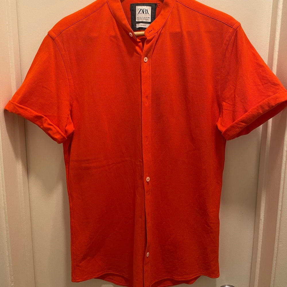 Zara No-Collar Orange Short Sleeve Button-Down
